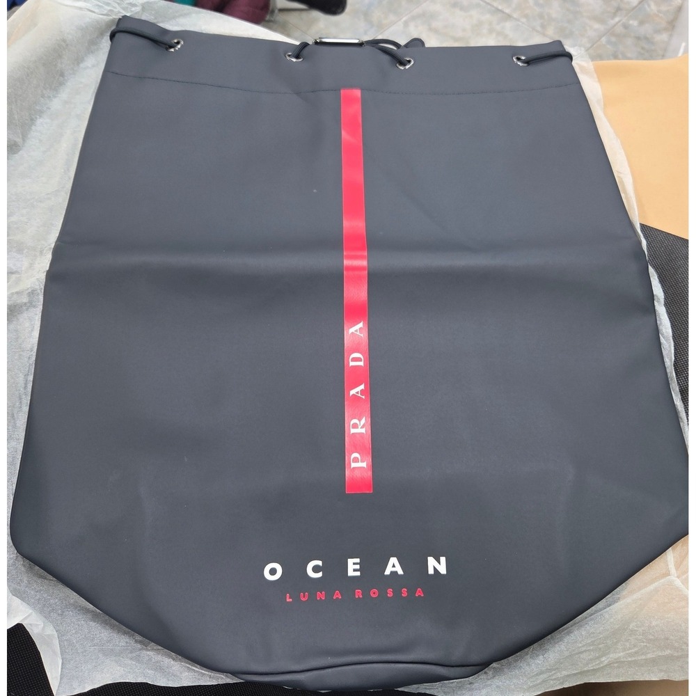 Prada Luna Rossa Ocean Drawstring Backpack Black Red Stripe Gym Bag